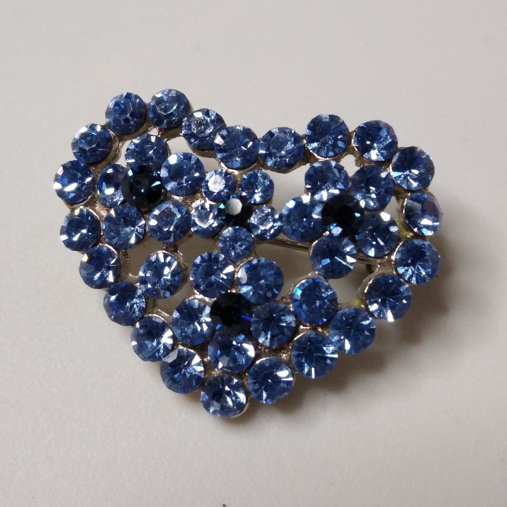 Blue Glass And Metal Heart With Flowers Brooch